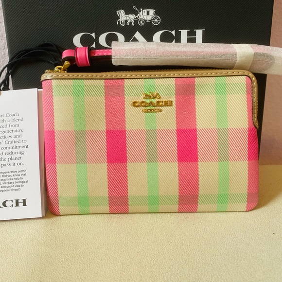 Coach Corner Zip Wristlet with Plaid Print Gold/ Pink Multi - Picture 1 of 8